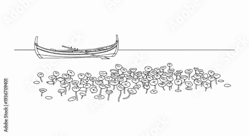 A simple black and white sketch shows a boat with oars on water near lily pads
