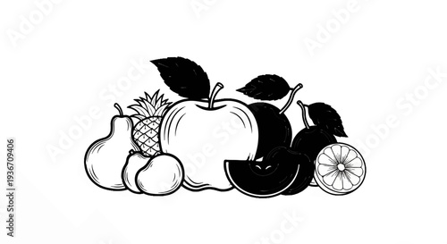 A still life arrangement of diverse fruits, rendered in a bold, graphic style