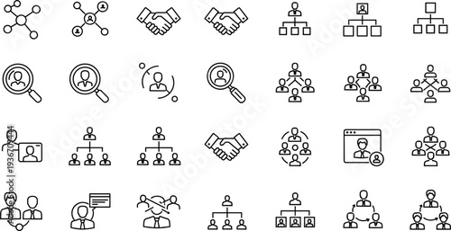 Business networking and organizational structure outline icon set teamwork hierarchy collaboration communication management vector symbols collection