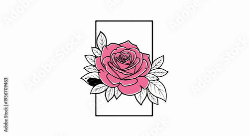Stylized pink rose with leaves, enclosed in a minimalist rectangle frame