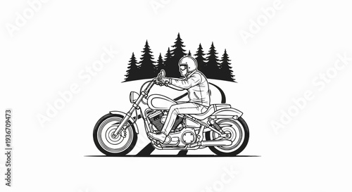 Biker rides motorcycle past pine trees on road