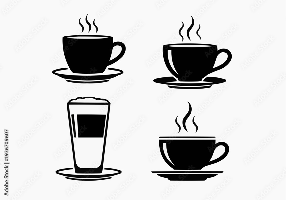 Obraz premium Coffee Cup Icon Set - Minimalist Black Vector Silhouettes of Steaming Tea and Coffee Mugs on Saucers
