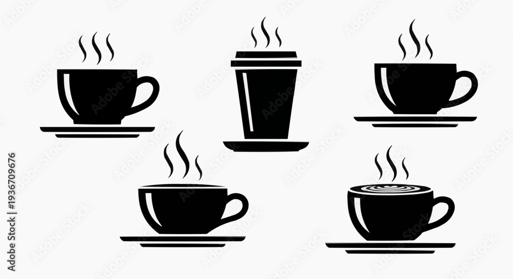Obraz premium Coffee Cup Icon Set - Minimalist Black Vector Silhouettes of Steaming Tea and Coffee Mugs on Saucers