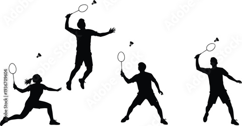 Dynamic black silhouettes of four badminton players in action—jumping, striking, and rallying with shuttlecocks, showcasing agility, energy, and teamwork