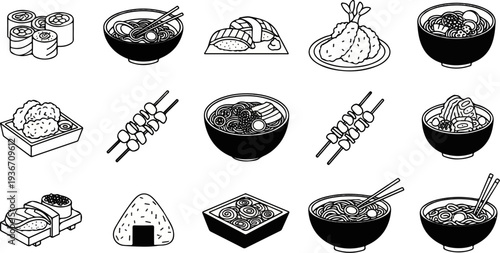Collection of isometric food illustrations, including sushi, noodles, and fried items