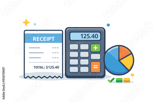 Financial calculation and analysis with receipt, calculator, and pie chart illustration