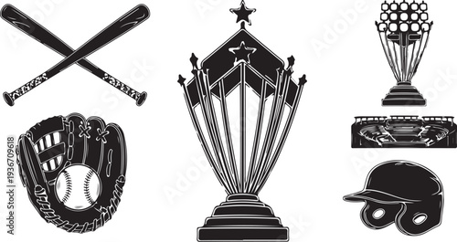 Baseball Championship Trophy and Equipment Illustration Set Black White