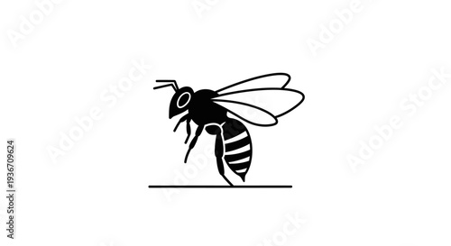 Black and White Bee Illustration Side View.