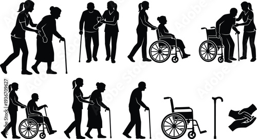 Professional Elderly Care and Mobility Assistance Silhouette Set Featuring Caregivers Helping Seniors with Wheelchairs, Walking Canes, and Physical Support
