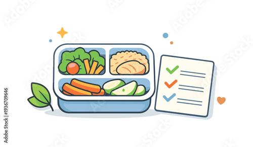 Healthy lunchbox with fresh vegetables and grains, next to a checklist for meal planning