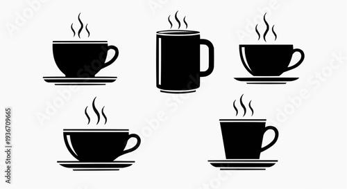 Coffee Cup Icon Set - Minimalist Black Vector Silhouettes of Steaming Tea and Coffee Mugs on Saucers