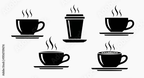Coffee Cup Icon Set - Minimalist Black Vector Silhouettes of Steaming Tea and Coffee Mugs on Saucers