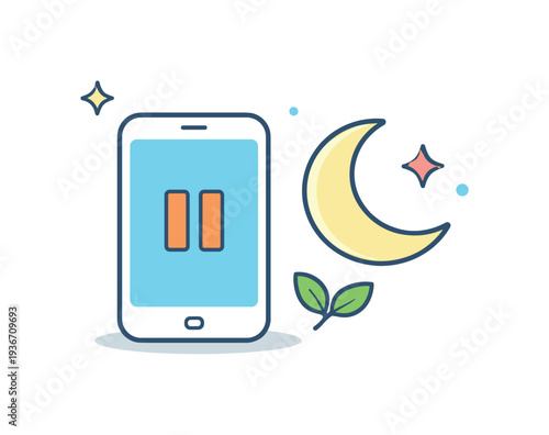 Smartphone with pause button and crescent moon, representing nighttime digital detox