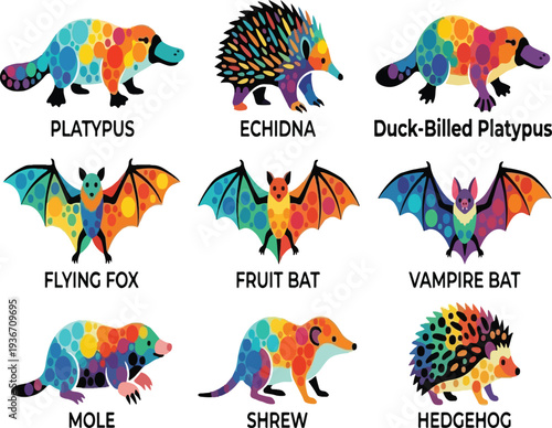 Unique Mammal Vector Icon Set: Minimalist platypus, echidna, duck-billed platypus, flying fox, fruit bat, vampire bat, mole, shrew and Hedgehog Icons