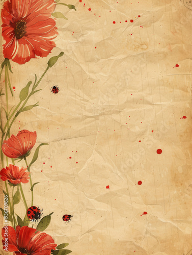 Vintage floral background red poppy flower watercolor blossom ladybird insect grunge paper texture rustic border nature frame retro design decorative art vertical layout