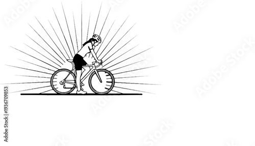 Silhouette of a person riding a bicycle with sunburst lines