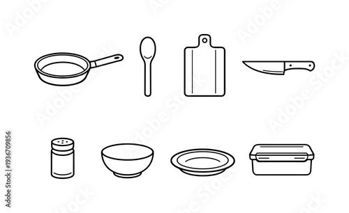 Collection of simple line art icons representing kitchen utensils and cookware