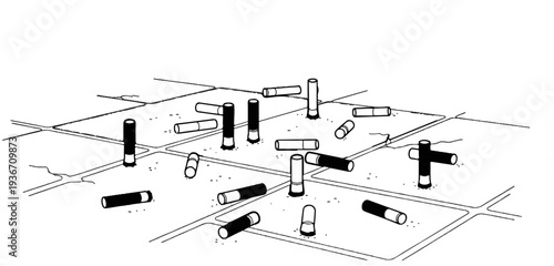 Scattered cigarette butts litter a stylized grid-like surface with minimal detail