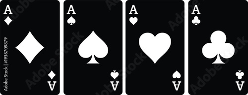 Minimalist black playing card set featuring four aces—diamonds, spades, hearts, clubs—monochrome design emphasizing luck, skill, and symbolism.