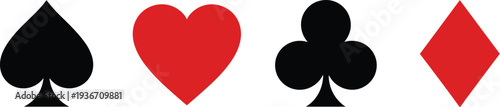 Minimalist design featuring four card suits—spade, heart, club, diamond—classic red and black symbols representing universal card game identity.