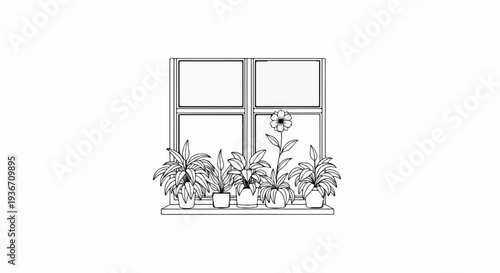 Simple line drawing of a window with potted plants on the sill