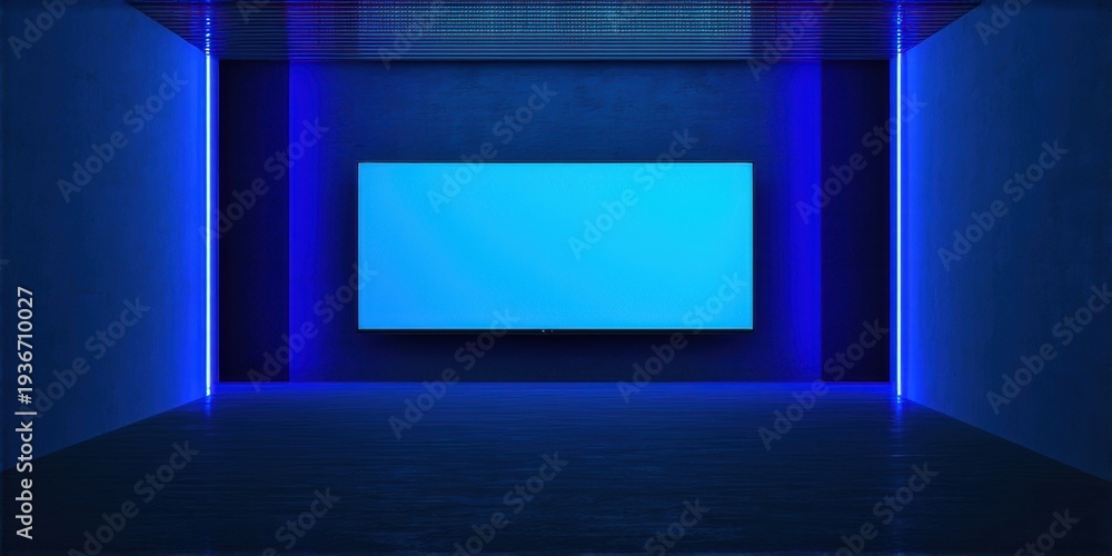Fototapeta premium Dark room features illuminated screen, blue neon lights framing space. Minimalist design creates dramatic visual effect. Modern aesthetic.