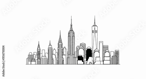 Stylized line drawing of a city skyline with iconic skyscrapers