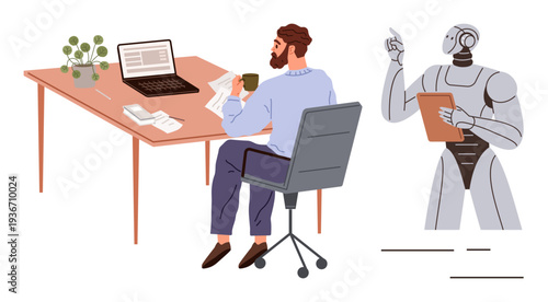 AI integration, office automation, teamwork, futuristic workflows, innovation, human-robot interaction. A man working with a humanoid robot. AI integration and office automation concept