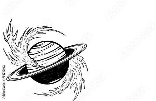 Stylized ringed planet with fiery swirls