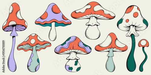 Seamless pattern with funny octopus monsters and poisonous red amanita mushrooms in a forest nature vector illustration