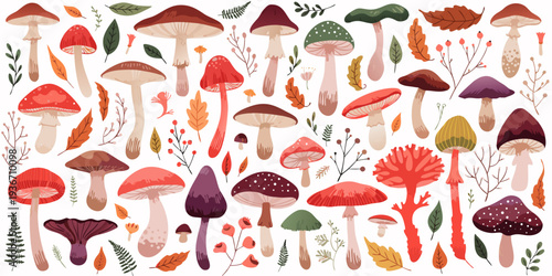 Gemini said

Seamless vector illustration featuring a pattern with red poppies and autumn mushrooms like amanita and edible fungi set in forest grass