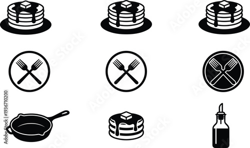 Pancake breakfast silhouette set with maple syrup, butter, skillet, and crossed forks, cad drawing flat vector illustration for cafe menus.