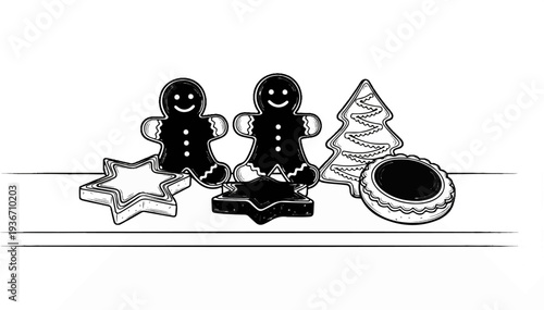 Whimsical line art of festive gingerbread cookies in various holiday shapes