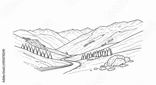Winding road through a majestic mountain valley with scattered trees and rocks