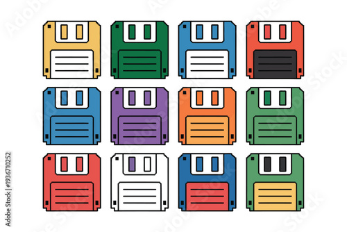 Floppy disk colorful icon set for data storage and technology concepts
