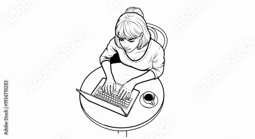 Woman typing on laptop at table with coffee