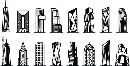 Modern skyscraper building silhouette set, urban city architecture icons, cad drawing flat vector illustration for real estate and construction business.