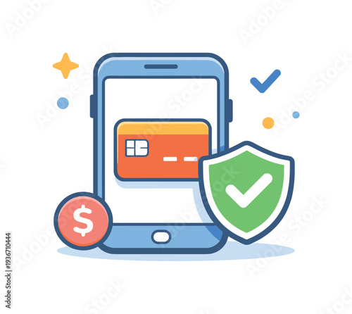 Digital payment features with a mobile phone and security shield icons