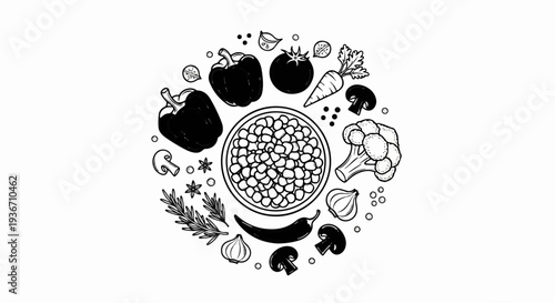 Hand-drawn circular arrangement of fresh vegetables and herbs