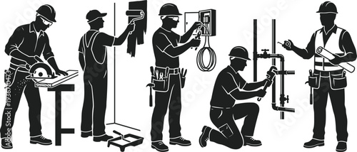 Professional Skilled Tradesmen Set Featuring Carpenter, Painter, Electrician, Plumber, and Site Supervisor Silhouettes for Home Renovation and Repair Services