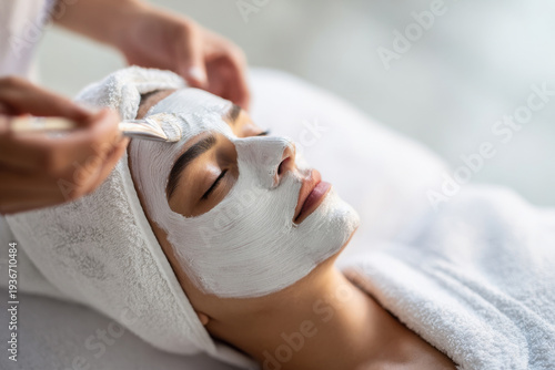 woman relaxing in modern beauty salon while cosmetologist applies blackhead removal mask to her nose area, clean minimalist interior, soft natural lighting, calm focused expression