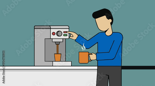Man In Blue Shirt Makes Coffee With Espresso Machine Pouring Hot Beverage Into Orange Mug In Minimalist Kitchen Setting