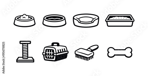Collection of simple line art icons representing pet care essentials and accessories