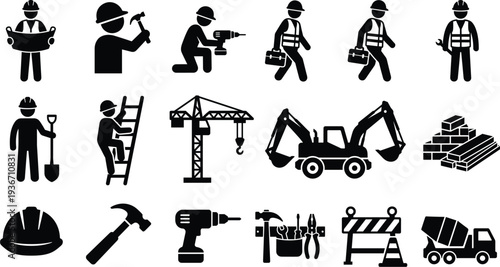 Ultimate Construction and Building Icon Set Featuring Builder Silhouettes, Heavy Machinery, Power Tools, and Industrial Safety Equipment Symbols