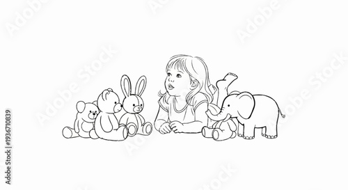 A young child lies on the ground surrounded by stuffed animal toys