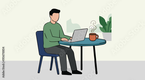 Man Working On Laptop With Coffee Cup At A Small Table Next To A Window With Plants In The Background