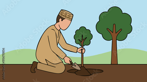 Man Kneeling Planting a Small Tree in Fertile Soil with Trowel Wearing Traditional Outfit and Cap Under Clear Blue Sky Surrounded by Greenery and Mature Trees
