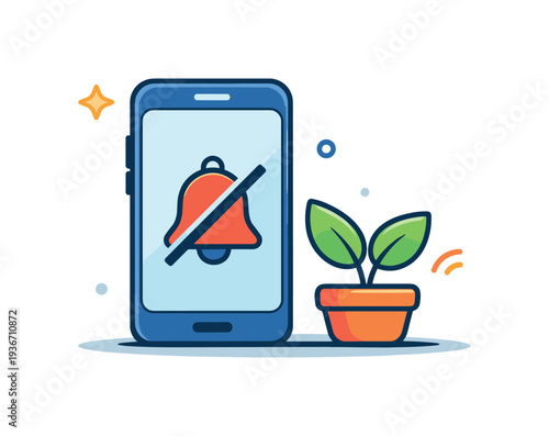 Smartphone with silent mode icon next to a growing plant in a pot
