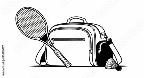 Black and white illustration of a tennis racket, sports bag, and shuttlecock