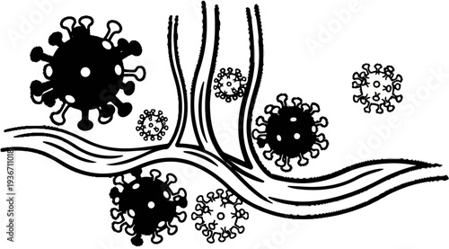 Black and white stylized viruses interacting with biological structures